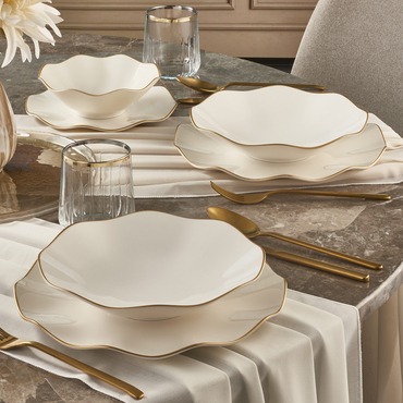 Nesrin 24 Parça 6 Kişilik Bone Yemek Takımı - Gold - GÜRAL PORSELEN