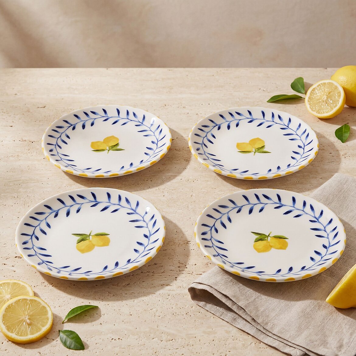 Limon Desenli 19 cm 4'lü Porselen Pasta Tabağı Seti - GÜRAL PORSELEN